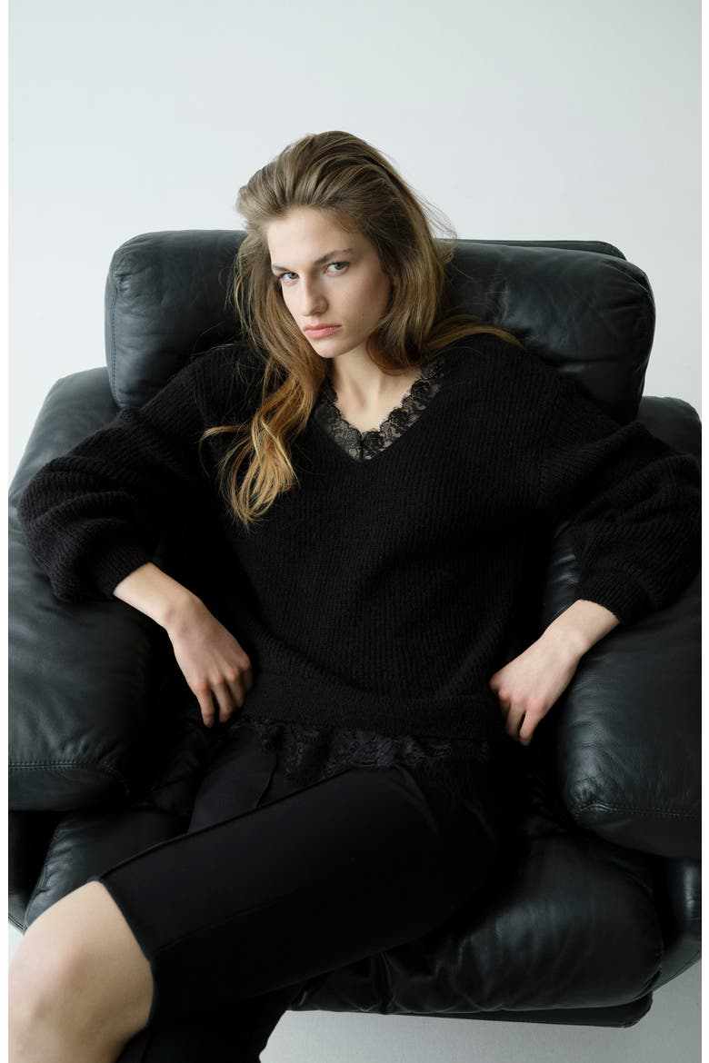 Lace Trim Rib Sweater, Alternate, color, BLACK