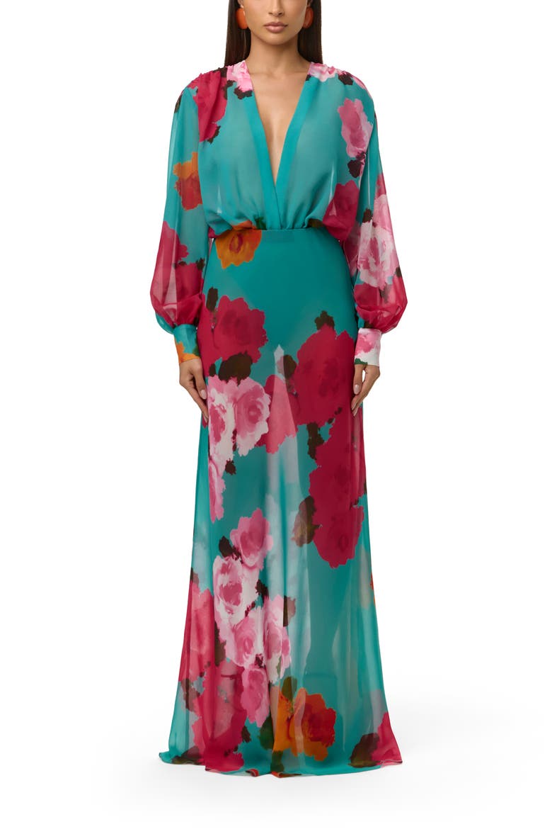 Floral Print Chiffon V-Neck Bodysuit, Alternate, color, FLORA SPRITZ