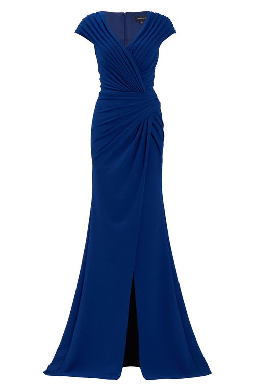 Tadashi Shoji Pleated Crepe Trumpet Gown In Blue