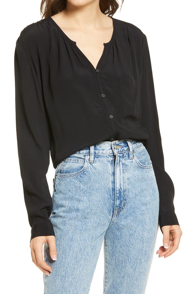 Shirred Button-Up Shirt, Main, color, BLACK