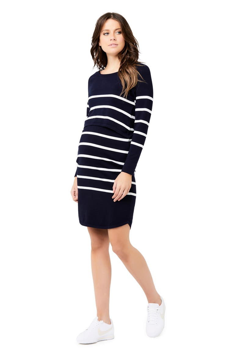 Valerie Stripe Long Sleeve Tunic Maternity Sweater Dress, Alternate, color, NAVY