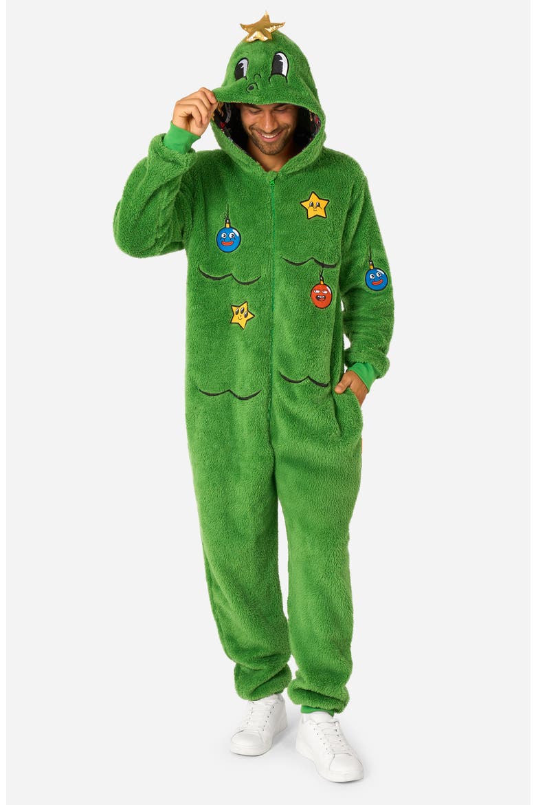 Merry Jinglejoy Hooded Fleece Jumpsuit, Alternate, color, GREEN