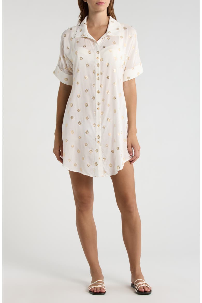 Metallic Dot Cover-Up Shirtdress, Main, color, WHITE POLKA