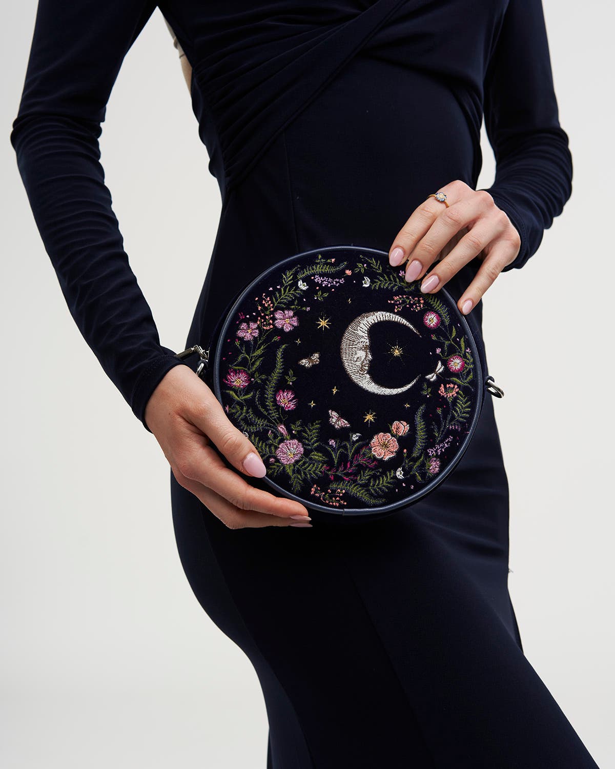 Chloe Midnight Garden Velvet Embroidered Circle Purse, Alternate, color, Navy