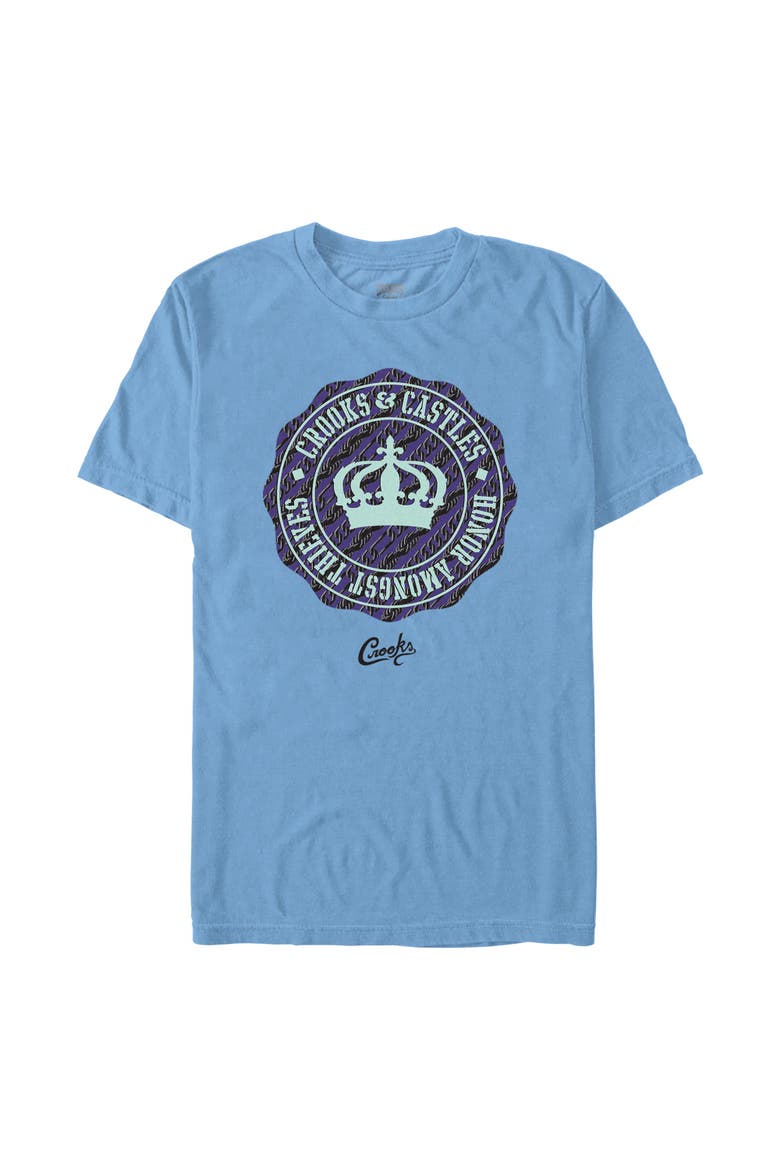 Men's Crooks & Castles Honor Amongst Thieves Purple Badge Front and Back  Graphic T-Shirt, Main, color, Carol Blue