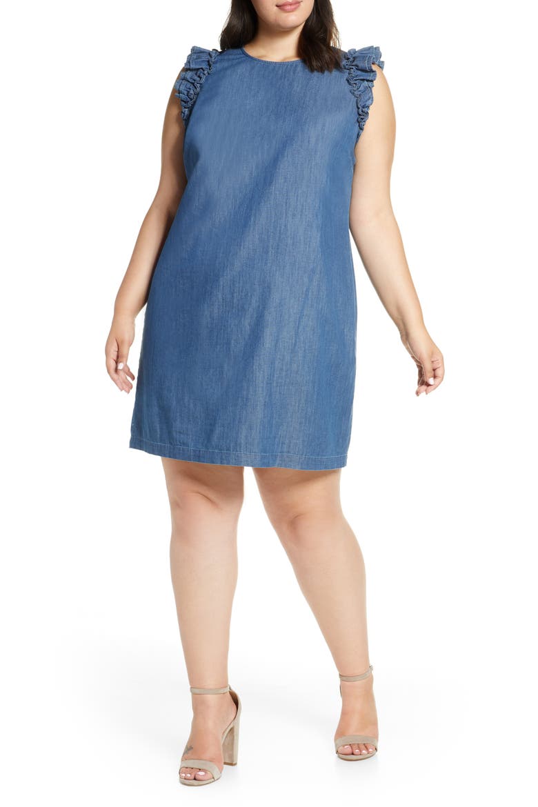 Flutter Sleeve Denim Shift Dress, Main, color, AUTHENTIC