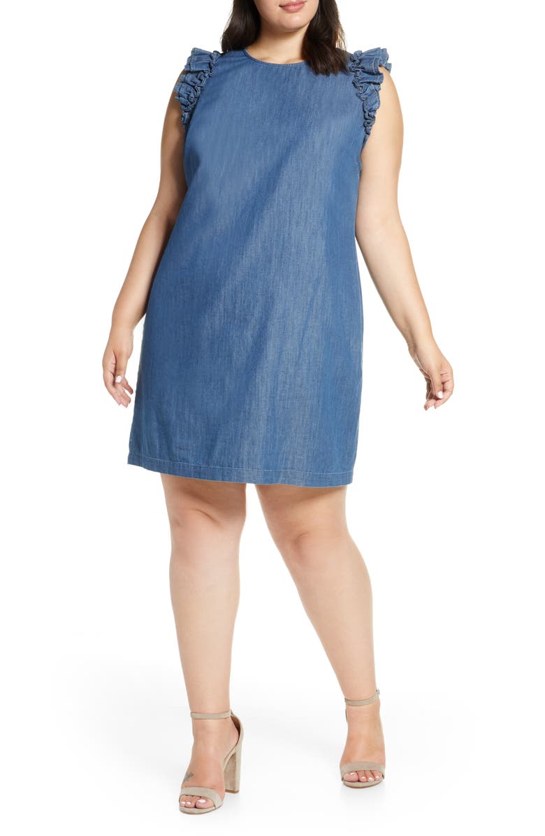 CeCe Flutter Sleeve Denim Shift Dress, Main, color,