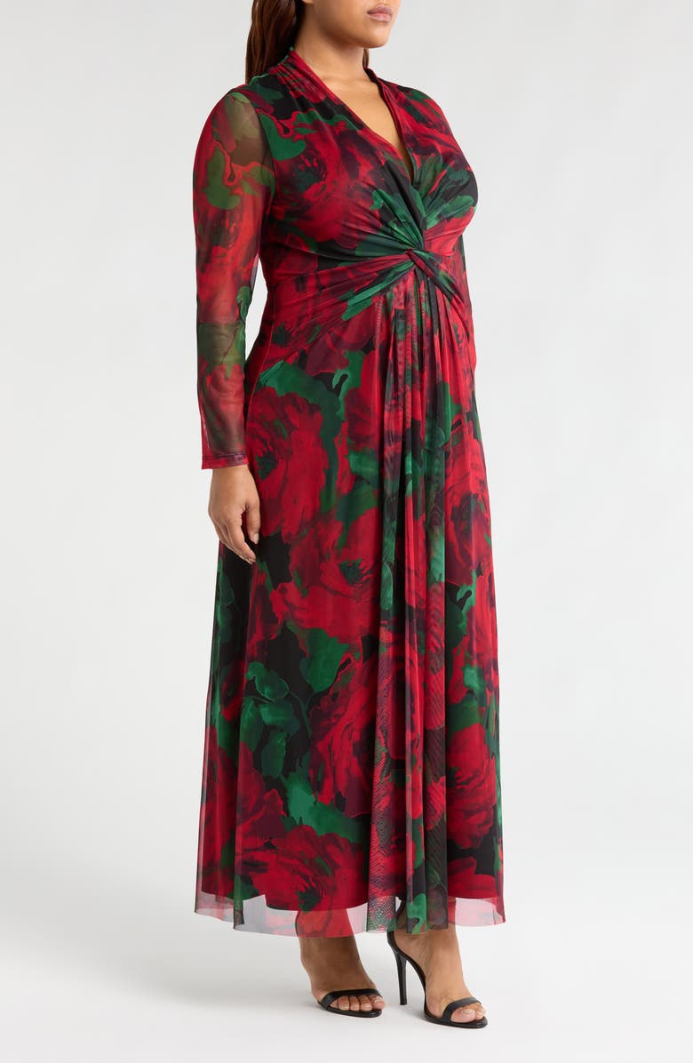 Anne Klein Floral Twist Front Long Sleeve Mesh Maxi Dress, Alternate, color, Titan Red Multi
