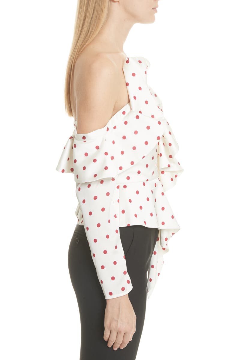 Self-Portrait Polka Dot Ruffle One-Shoulder Satin Top, Alternate, color,