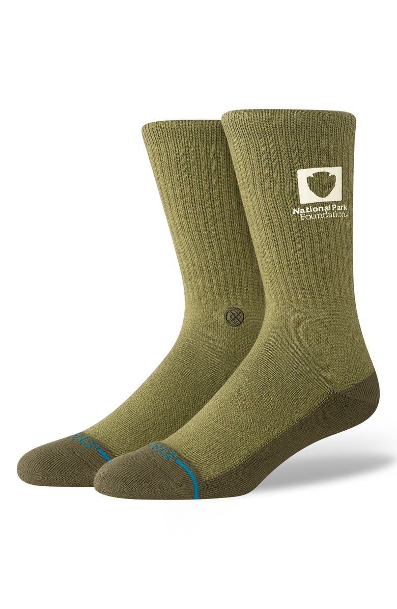 Stance National Parks Crew Socks, Main, color, Military Green