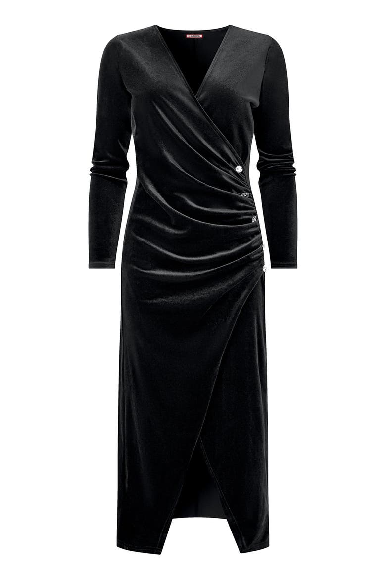 Velvet Faux Wrap Midi Dress, Alternate, color, BLACK