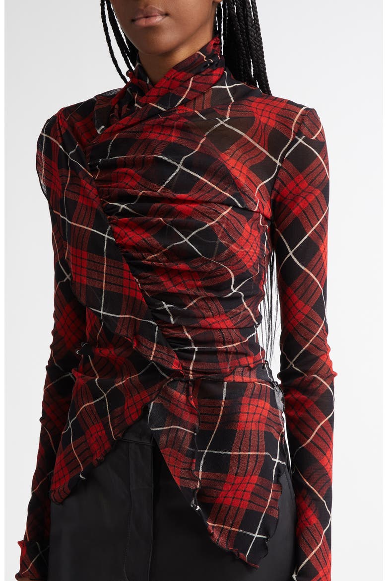 Draped Plaid Long Sleeve Mesh Top, Alternate, color, RED/ BLACK/ WHITE