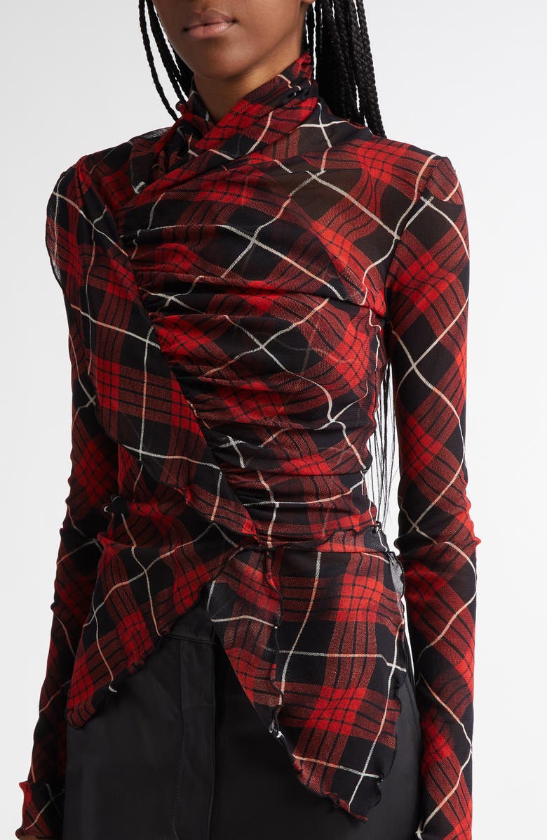 Jean Paul Gaultier Draped Plaid Long Sleeve Mesh Top, Alternate, color, 
