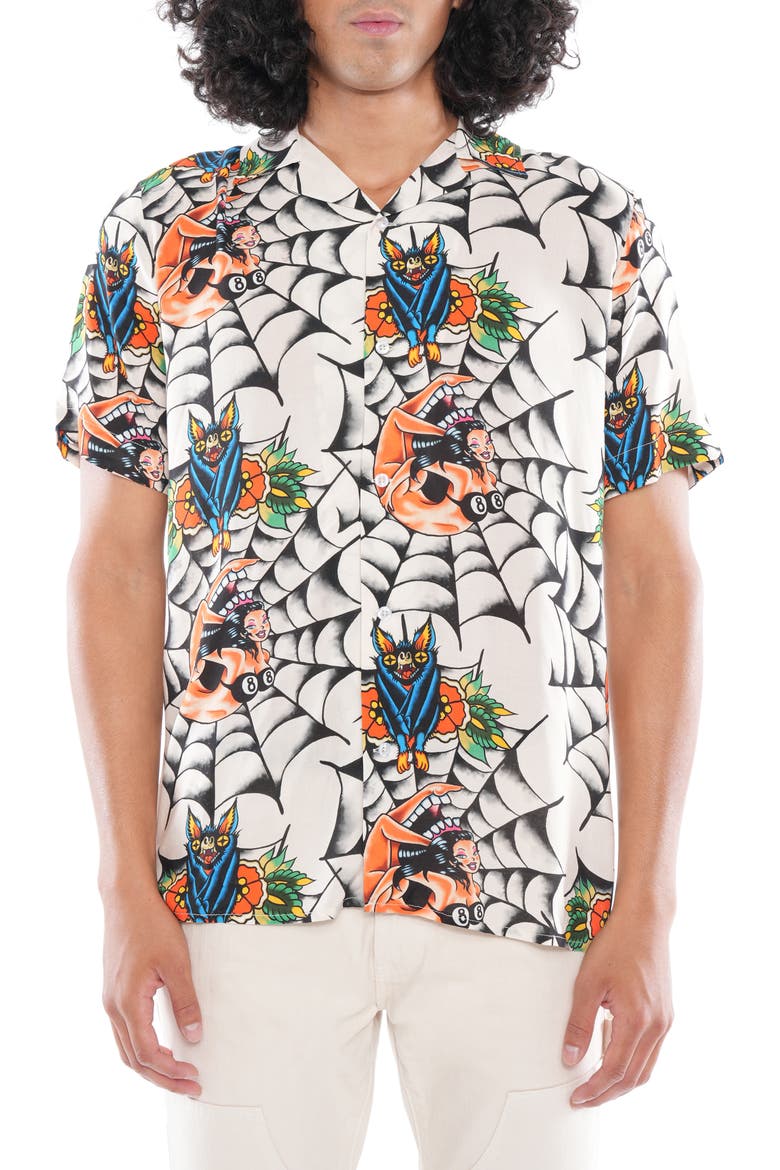 Yakuza Short Sleeve Cotton Button-Up Shirt, Main, color, CREAM