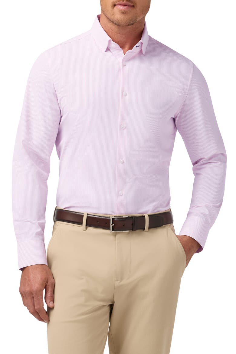 Leeward Trim Fit Plaid Performance Button-Up Shirt, Main, color, PINK SALT BANKER STRIPE