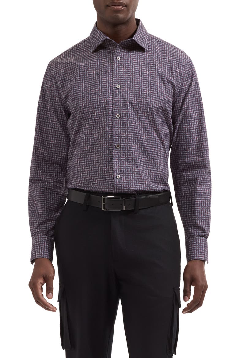 Alvin Shaped Fit Print Button-Up Shirt, Main, color, BURGUNDY