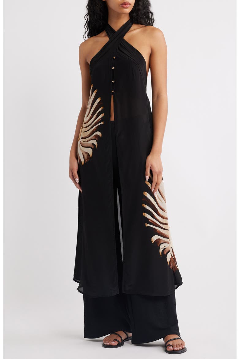 Ammonite Halter Neck Open Front Midi Tunic, Main, color, BLACK