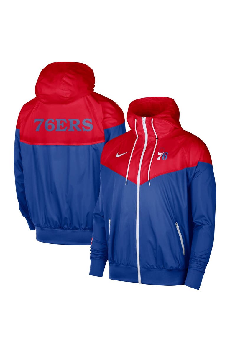 Nike Men's Nike Red/Royal Philadelphia 76ers 75th Anniversary Courtside Windrunner Raglan Hoodie Full-Zip Jacket, Main, color, Red