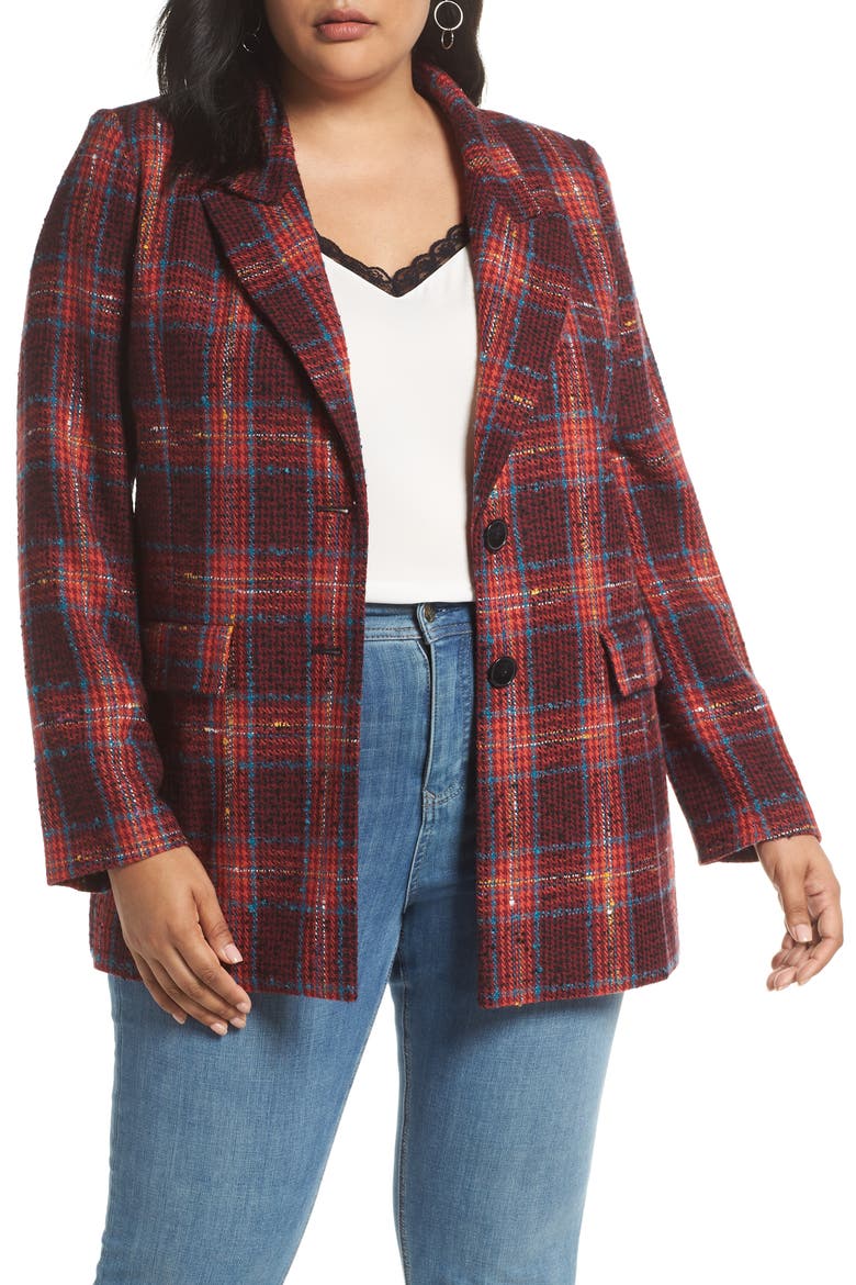 Plaid Tweed Blazer, Main, color, RED MULTI PLAID