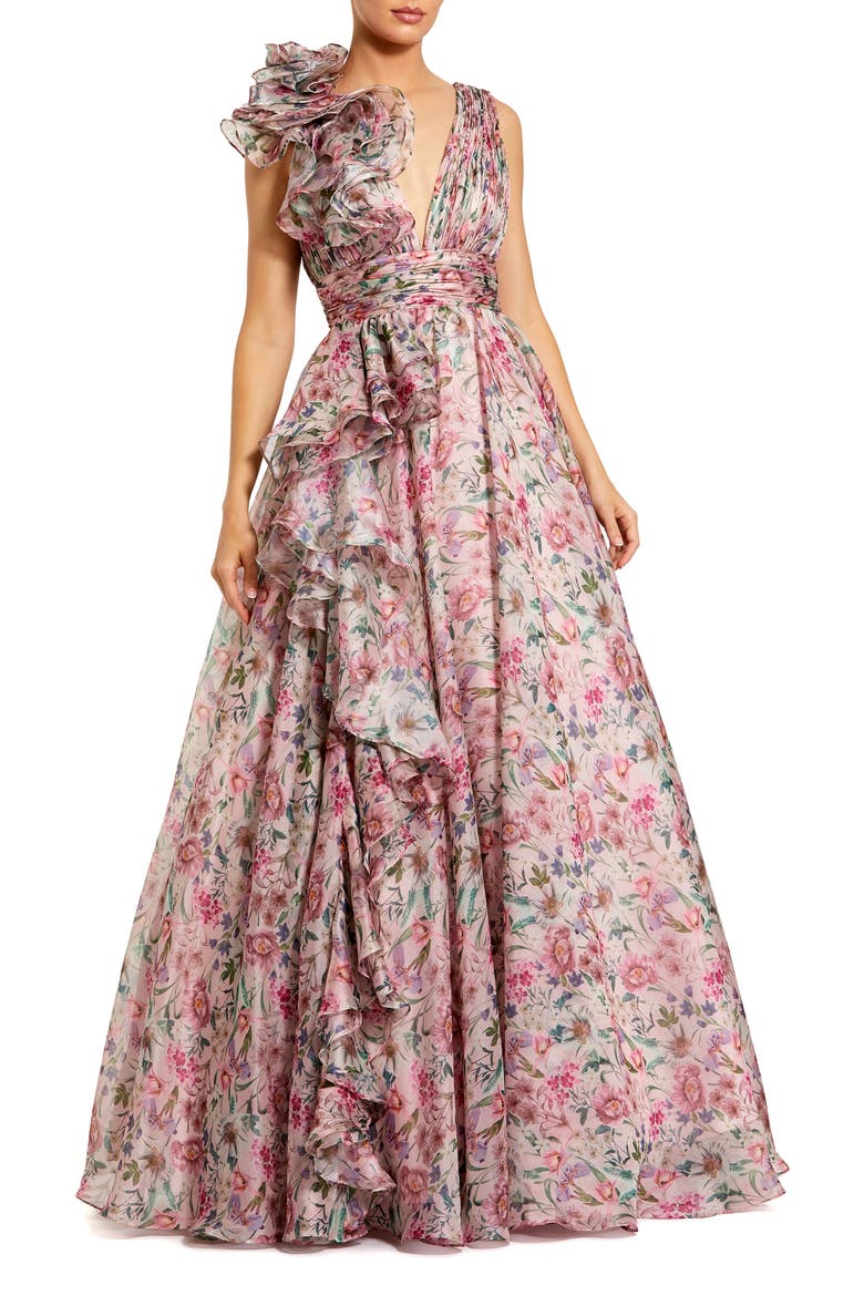 Sleeveless V-Neck Printed Chiffon Ruffle Ballgown, Main, color, Pink Multi