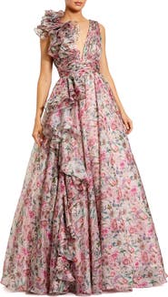 Mac Duggal Sleeveless V-Neck Printed Chiffon Ruffle Ballgown