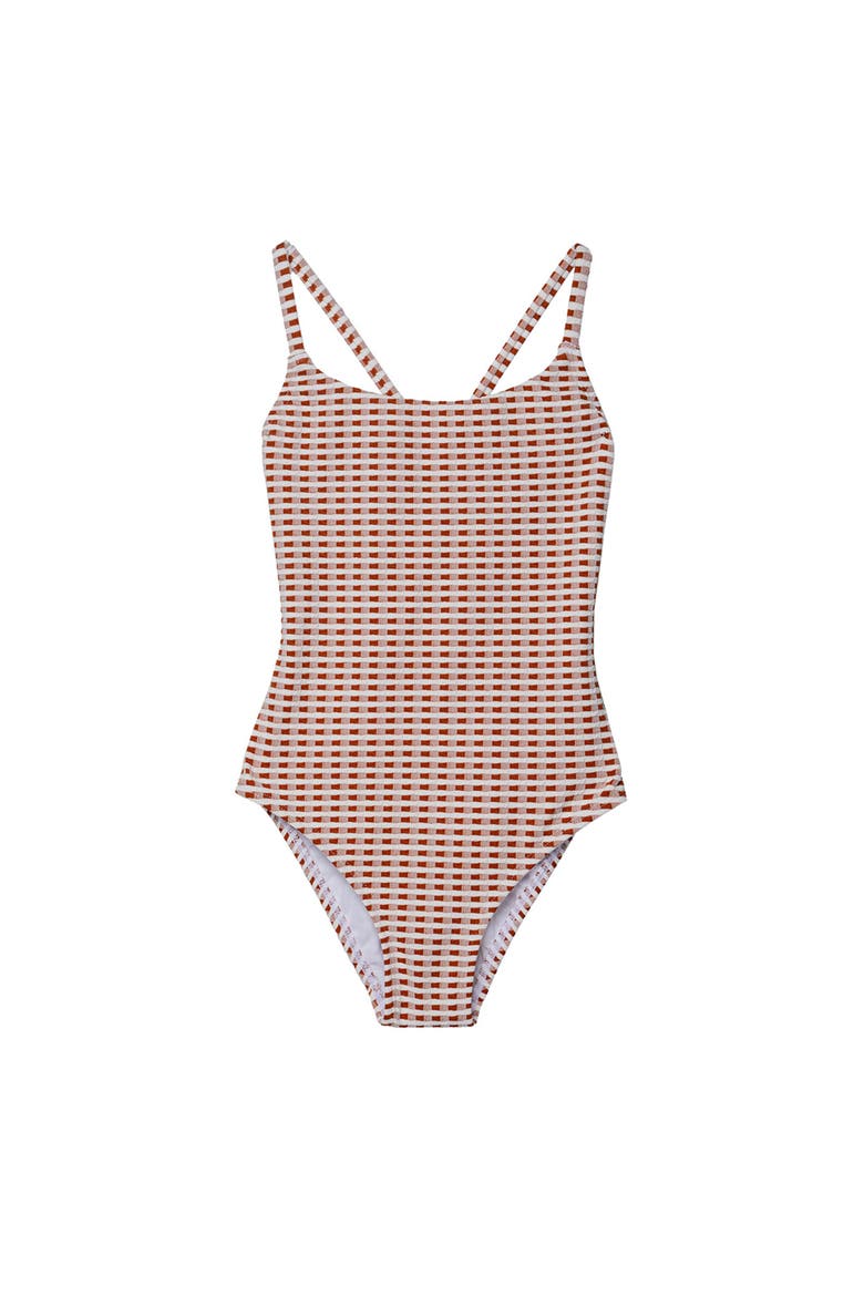 Forever Gingham Textured Criss Cross Back Adjustable One Piece, Main, color, Brown