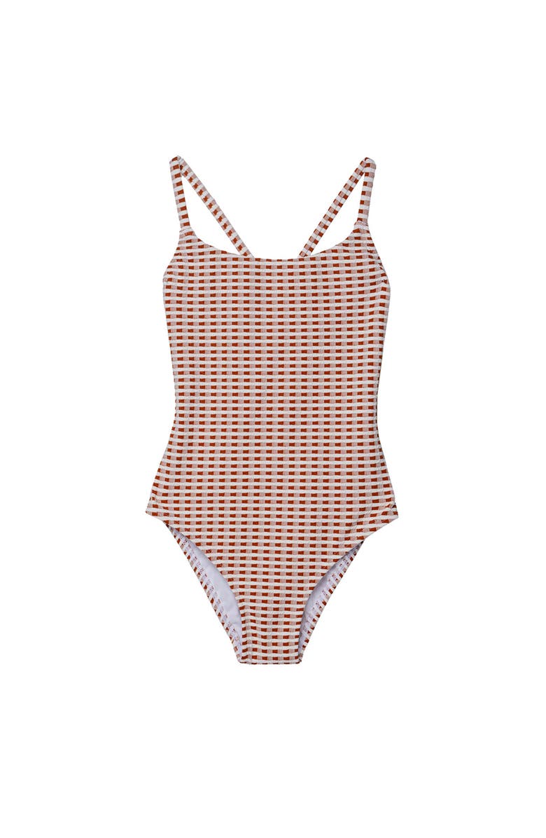 Gottex Kids Forever Gingham Textured Criss Cross Back Adjustable One Piece, Main, color, Brown