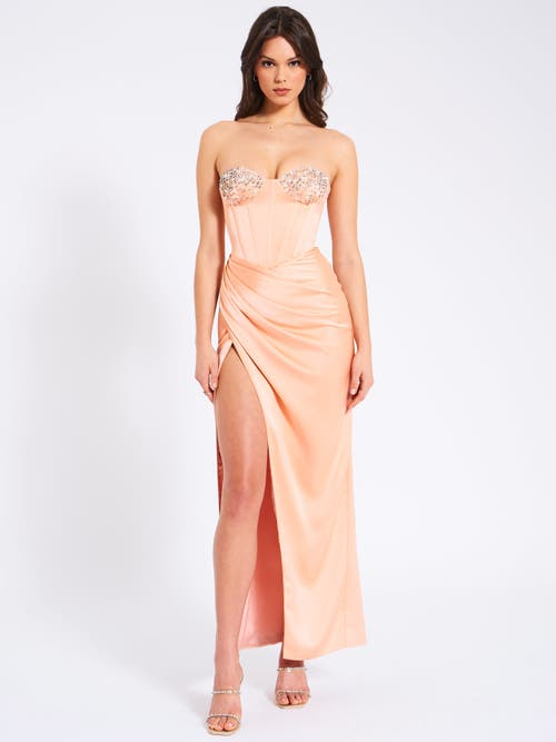 Miss Circle Women Amelia Blush Satin Corset Slit Gown With Crystal Embellished In Pattern