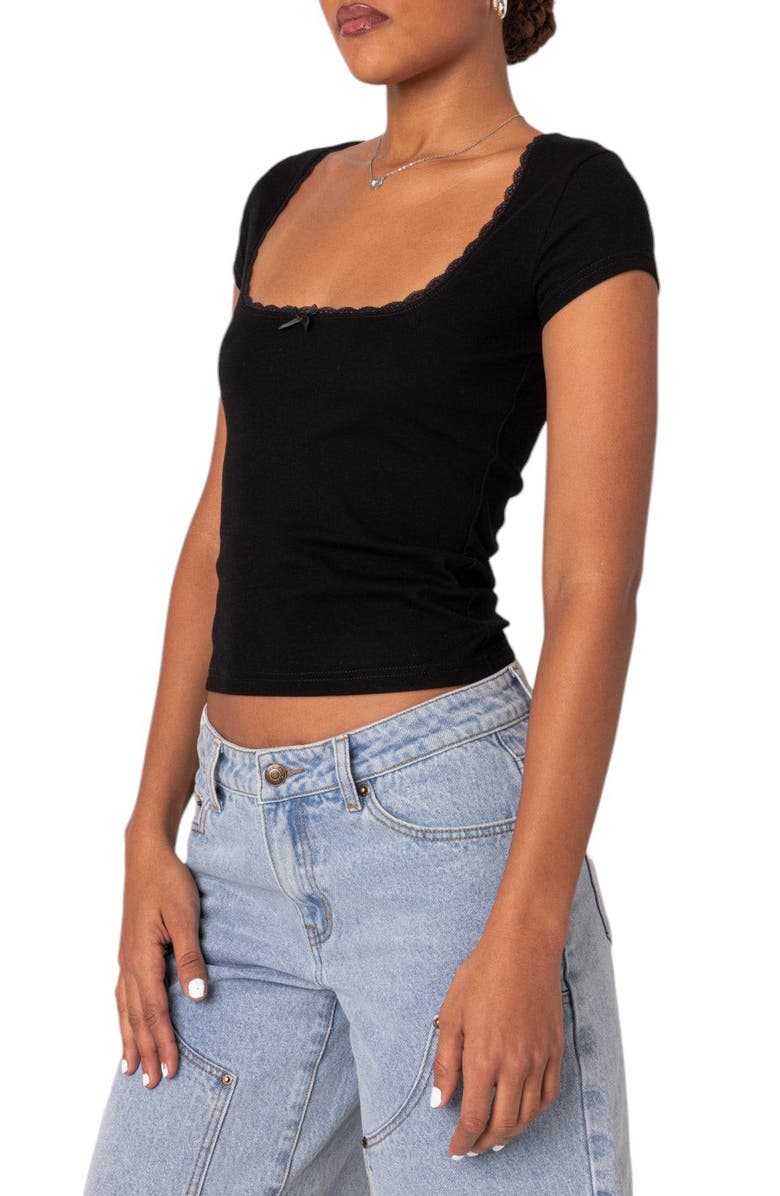 EDIKTED Priscilla Lace Trim Stretch Cotton Crop Top, Alternate, color, Black