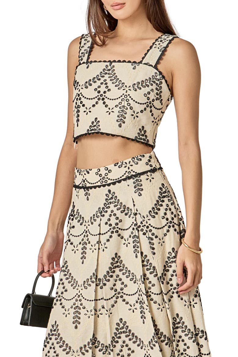 Embroidered Eyelet Crop Tank, Alternate, color, BEIGE/ BLACK