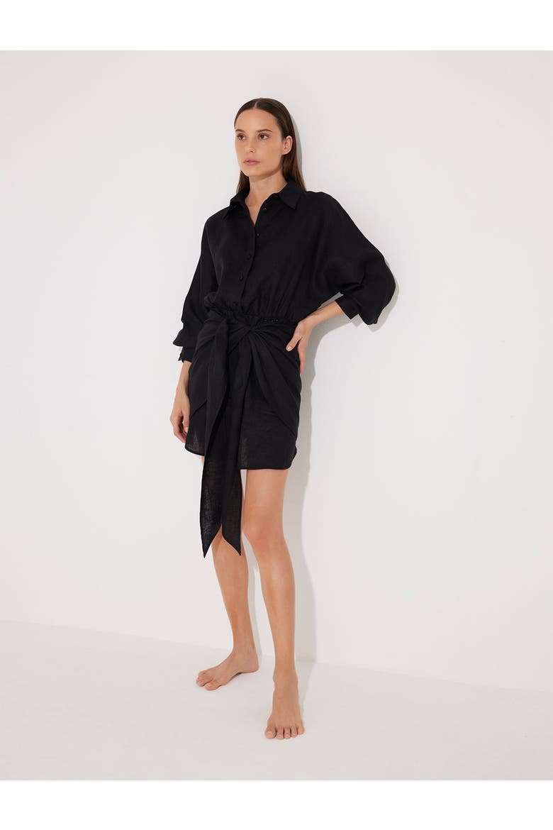 Guadalupe Linen Shirt Dress with Tie-Front Detail, Alternate, color, Black