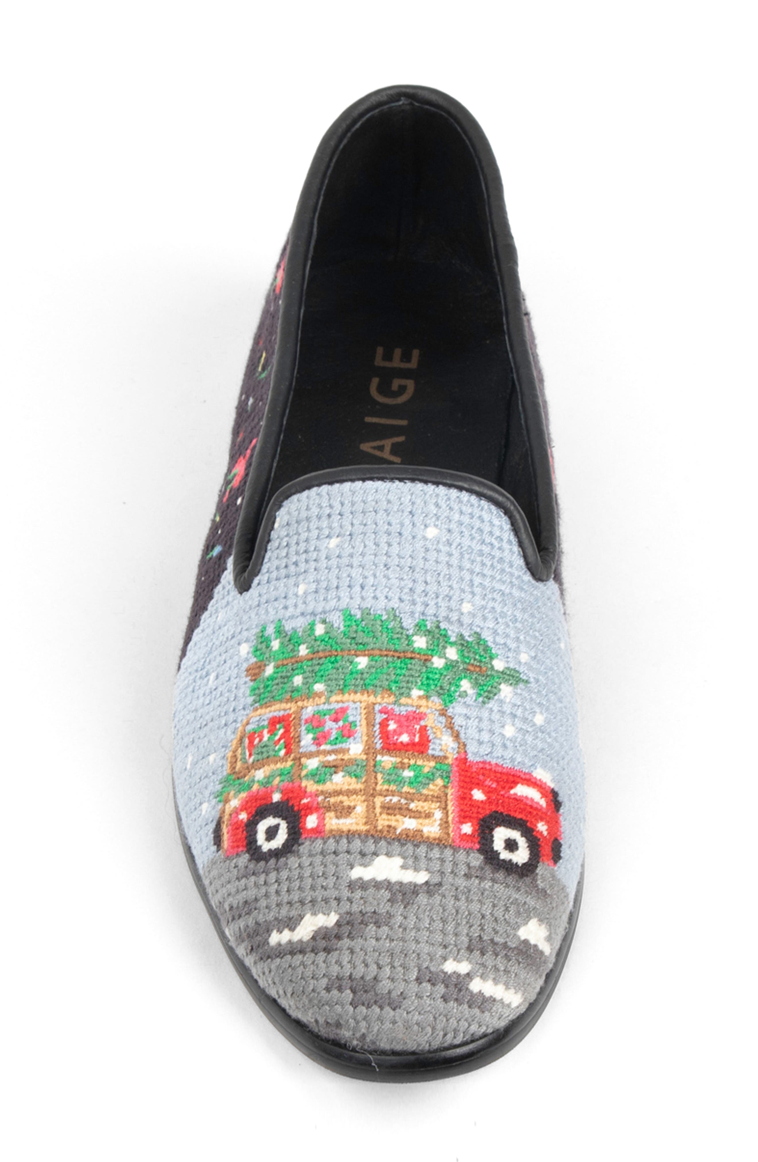 ByPaige Christmas Tree Farm Needlepoint Loafer, Alternate, color, Black
