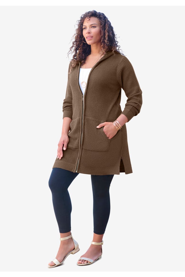 Waffle Mega Length Zip Hoodie, Alternate, color, CHOCOLATE