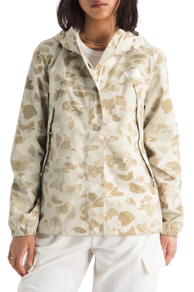 Antora Waterproof Hooded Rain Jacket, Main, color, PALE KHAKI HERITAGE PRINT
