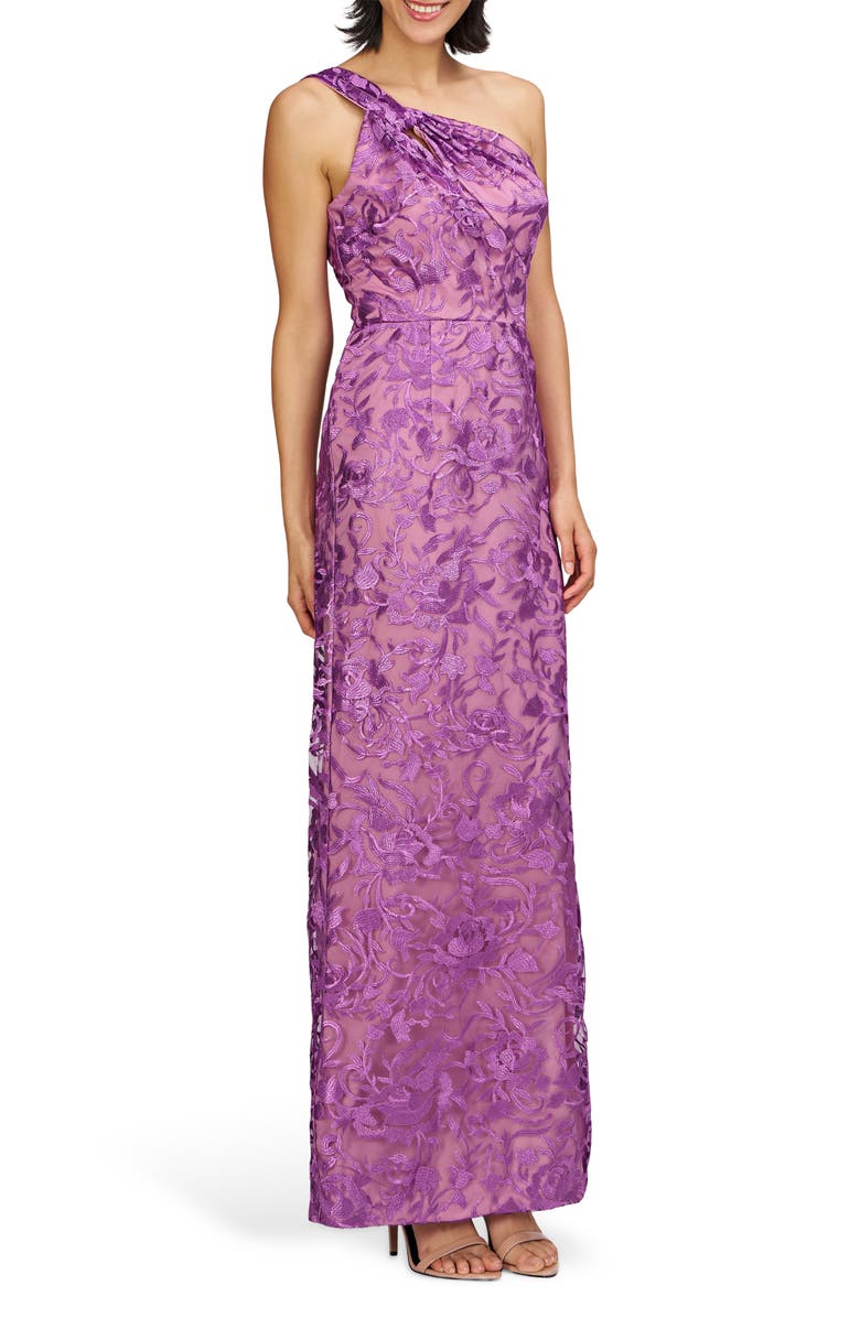 JS Collections Samantha Floral Embroidery One-Shoulder Column Gown, Main, color, Violet Rose