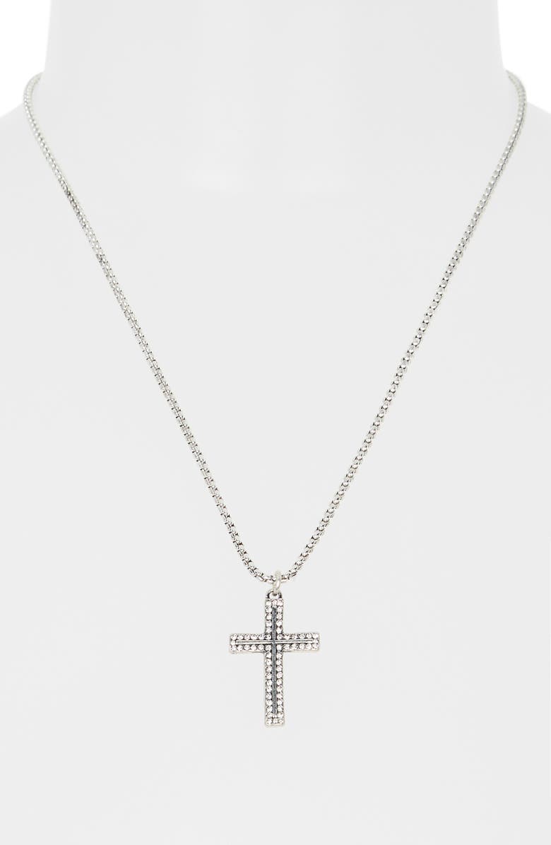 Steve Madden Cubic Zirconia Cross Pendant Necklace, Alternate, color, Shiny Rhodium