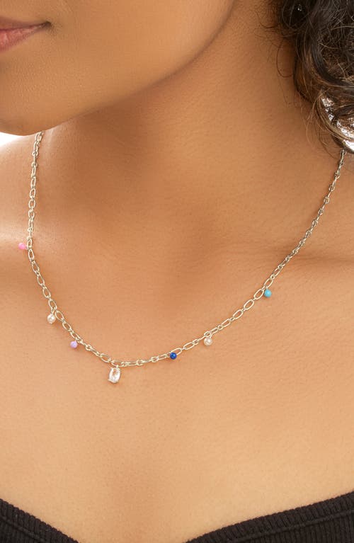 Sterling Forever Rhodium Plated 3mm Pearl Cz Charm Necklace In Multi