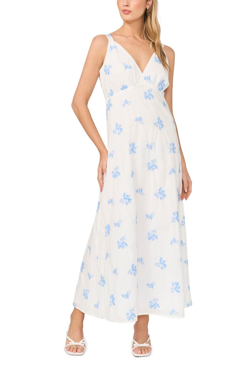 Plunge Neck A-Line Maxi Dress, Main, color, WHITE/ AIRY BLUE