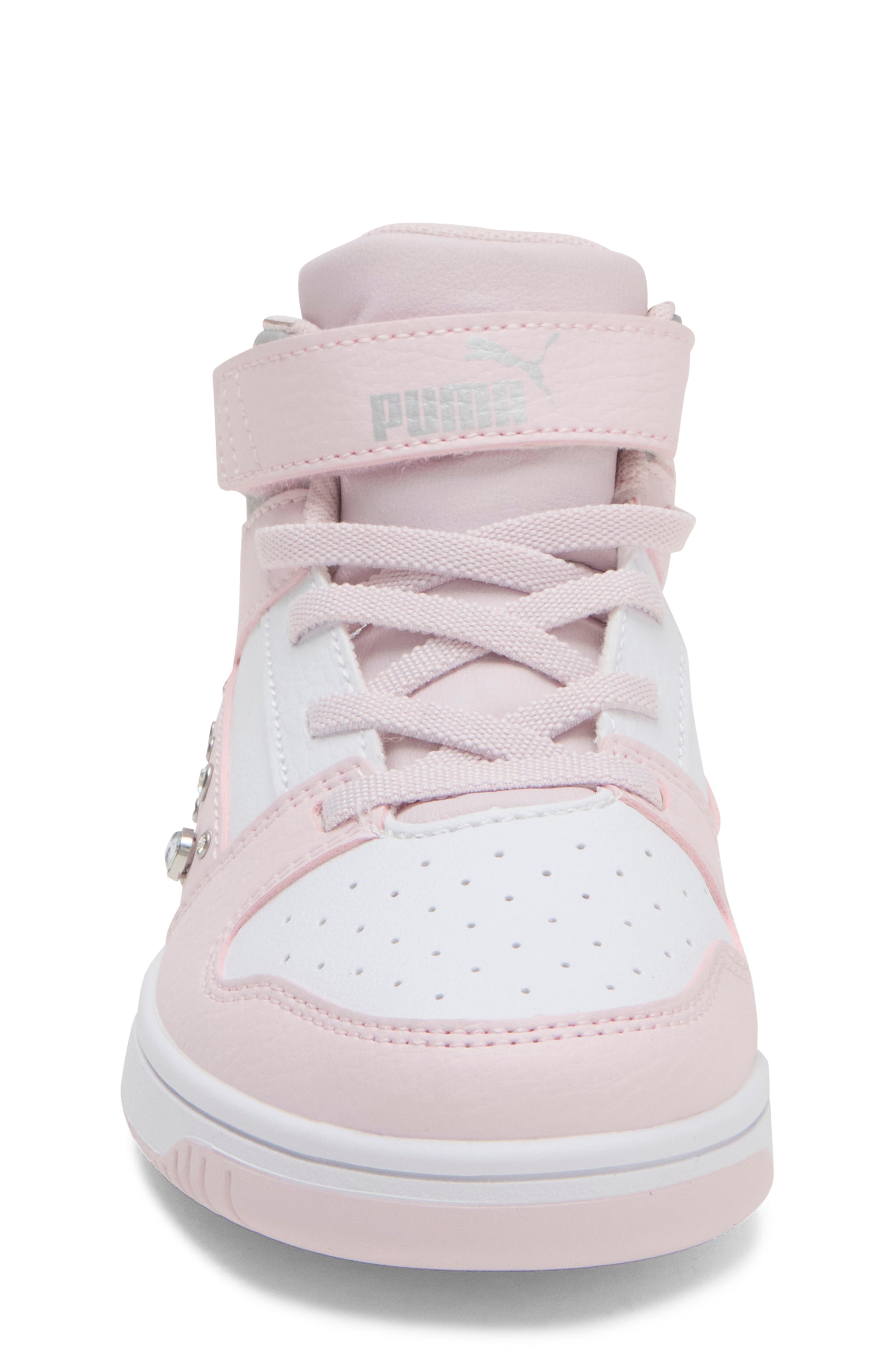 Kids' Rebound Layup Rhinestone High Top Sneaker, Alternate, color, PUMA WHITE/ PINK/ SILVER