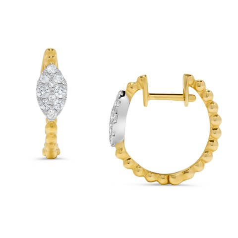Pavé Diamond Marquise Beaded Huggie Earrings in 14K Two Tone Gold