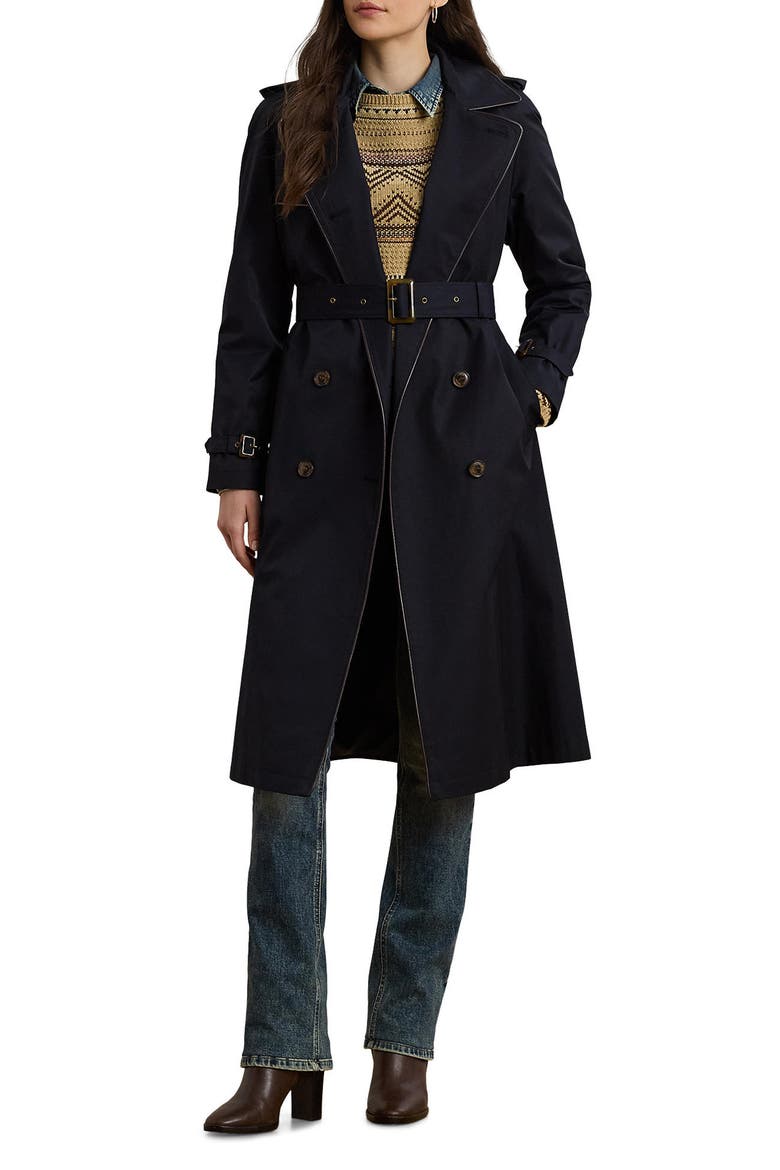 Double Breasted Belted Rain Coat, Main, color, NAVY