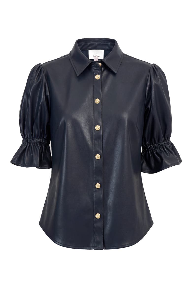 Fiona Faux Leather Button-Up Shirt, Main, color, NAVY