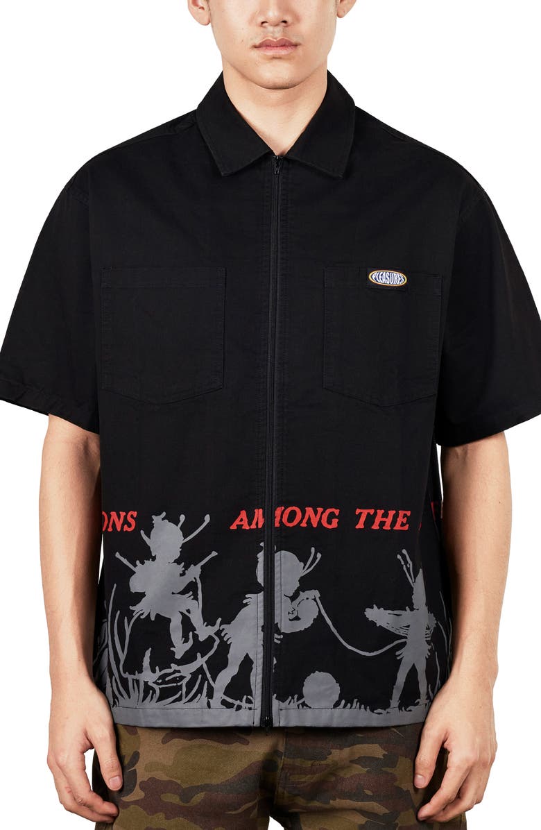 PLEASURES Fairies Relaxed Fit Cotton Zip Shirt, Main, color, Black