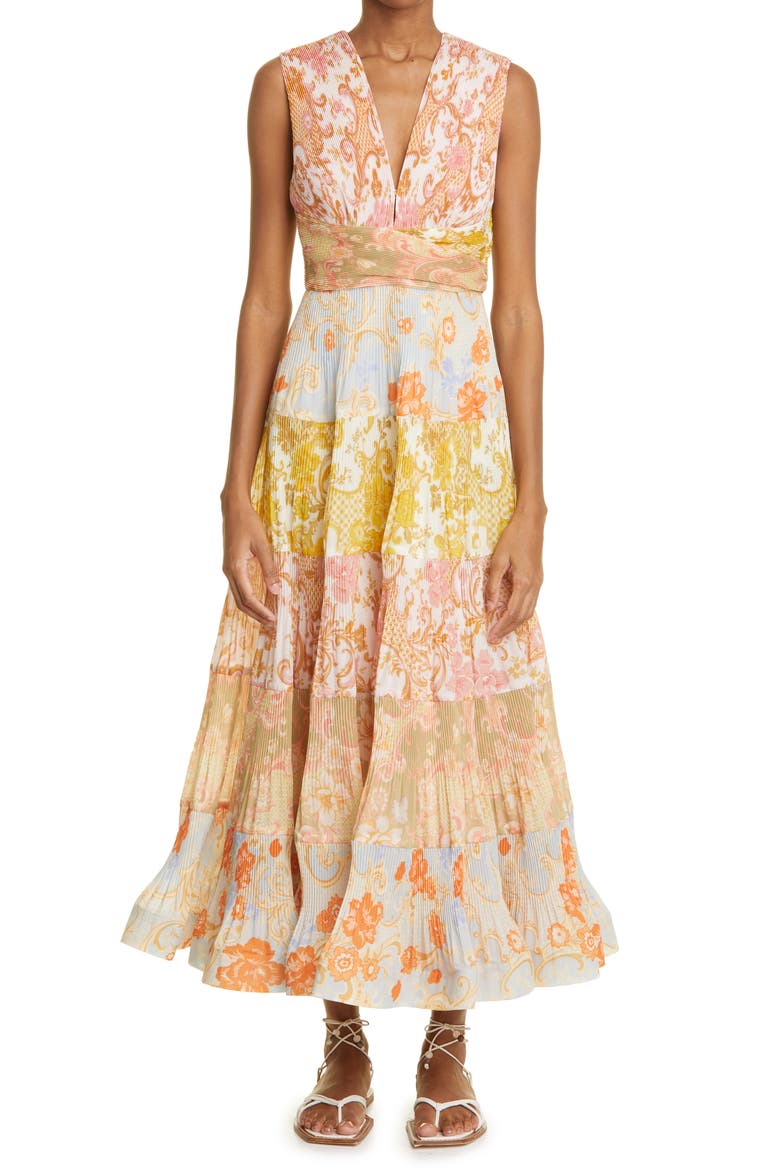 Postcard Pleat Patchwork Midi Dress, Main, color, SPLICED