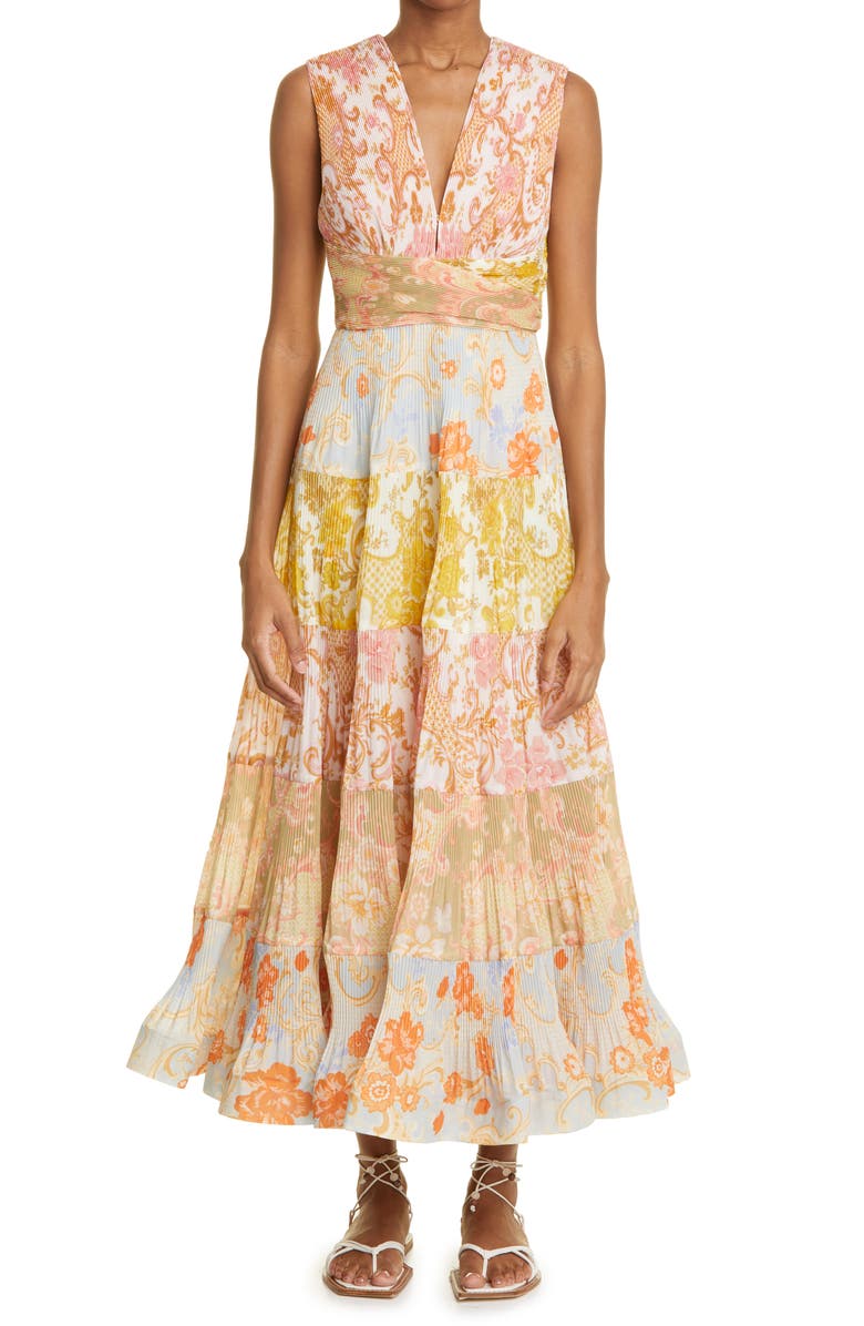 Zimmermann Postcard Pleat Patchwork Midi Dress, Main, color, 