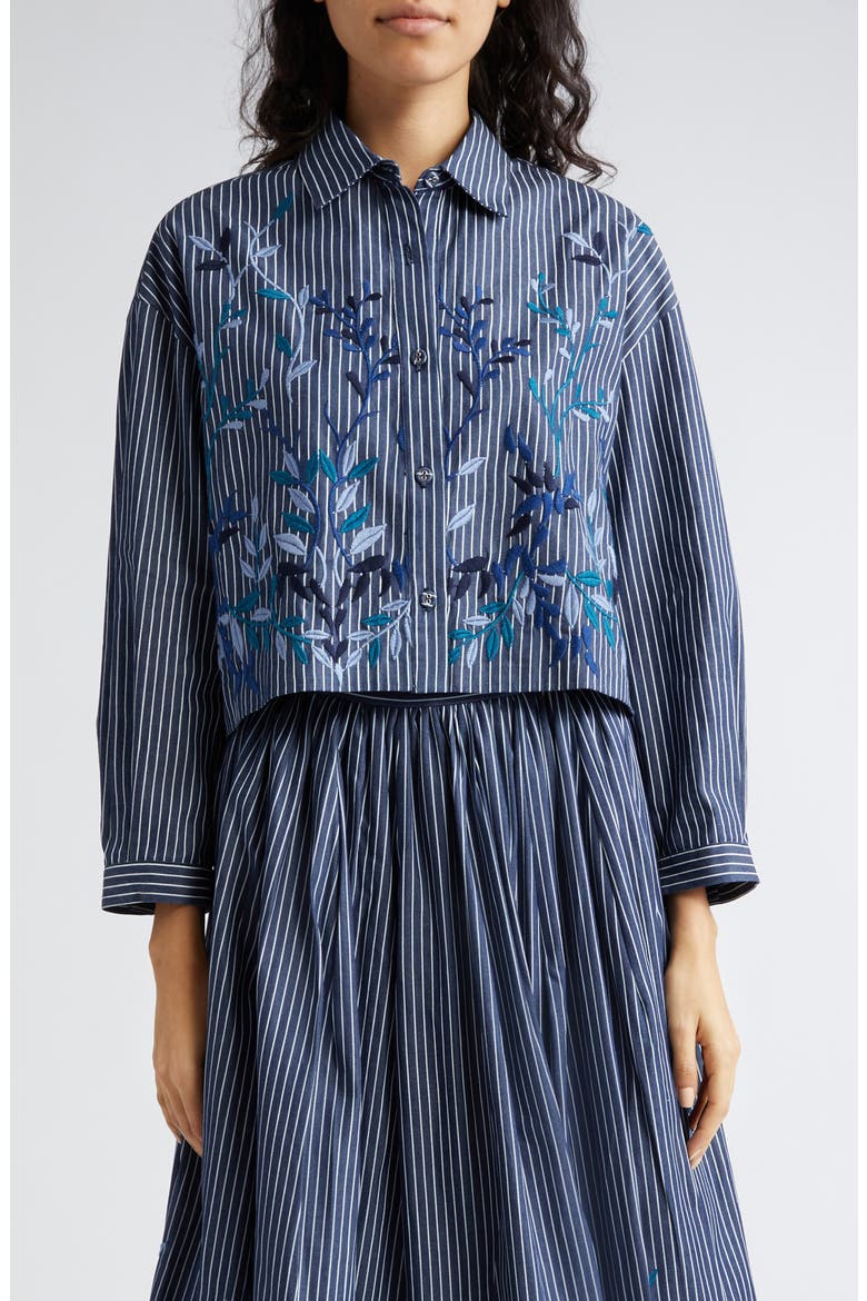 Vanessa Floral Embroidered Stripe A-Line Skirt, Alternate, color, BLUE DENIM LEAVES