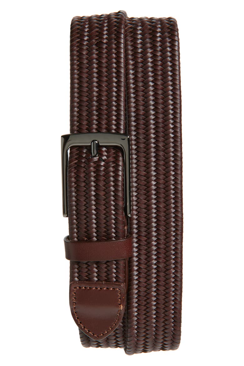 Diego Woven Leather Stretch Belt, Main, color, BROWN