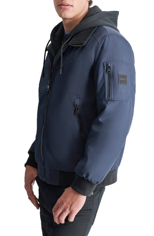 Dkny Men's Removable Hood Water-resistant Bomber Jacket In True Navy