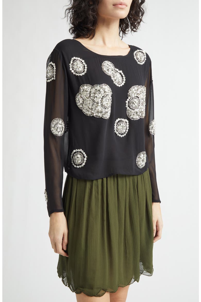 Brooch Crystal Beaded Silk Georgette Top, Alternate, color, BLACK