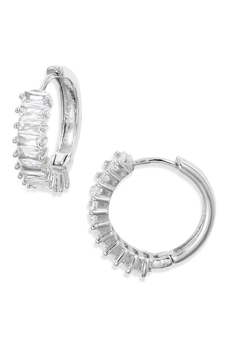 Antoinette Cubic Zirconia Huggie Hoop Earrings, Main, color, SILVER